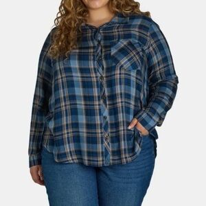 Terra & Sky Plus Blue Plaid Button-Down Shirt Viscose Women Size 3X